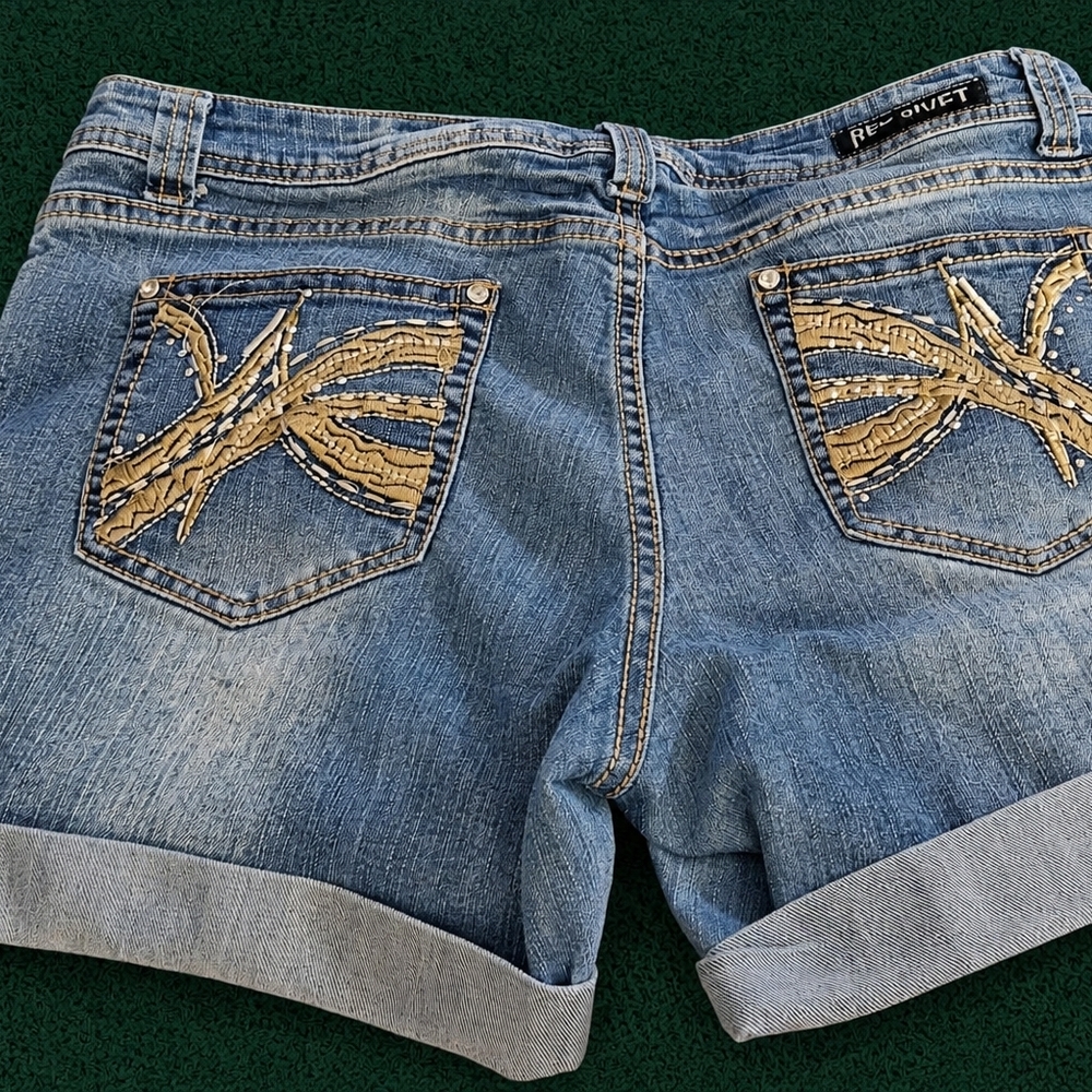 Red Rivet Light Blue Denim Shorts with Tan Embroidered Back Pockets